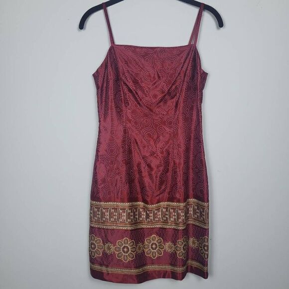 Vintage City Triangles Womens 3/4 Burgundy Embroidered Mini Dress Satin 90s Y2K - Picture 1 of 9